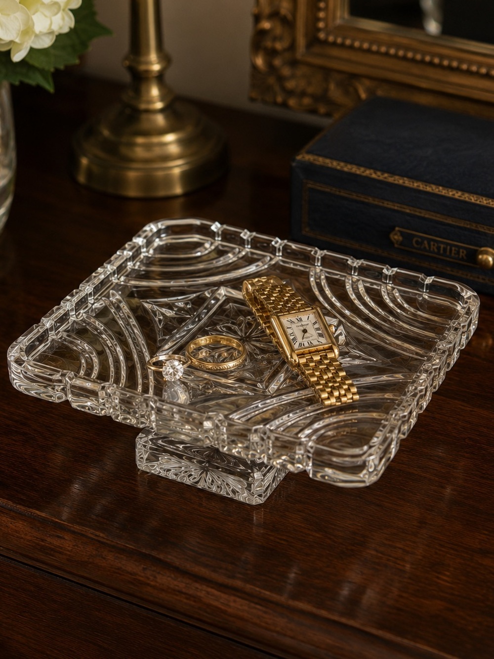 Vintage Heavy Pressed Glass Pedestal Trinket Dish | Jewelry Catchall Ring Tray